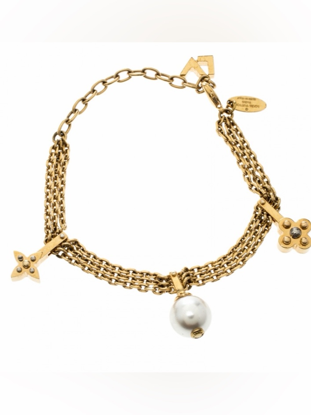 Louis Vuitton Damier Monogram Faux Pearl Gold Tone Chain Link Charm Bracelet